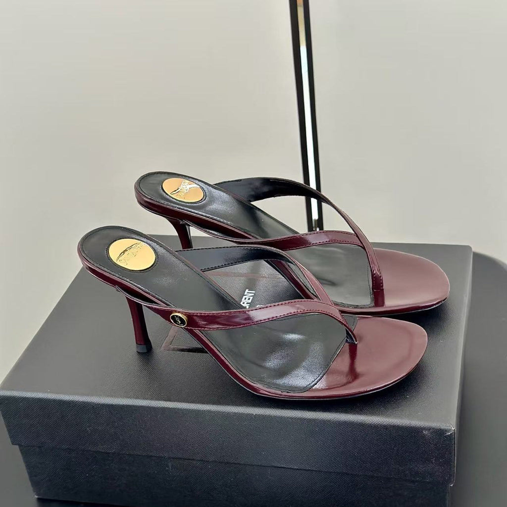 YSL 26S THONG HIGHHEEL SANDAL IN BURGUNDY PATENT LEATHER