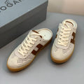 HERMES 26S H MOTIF LACE-UP MULE IN ECRU & BROWN SUEDE