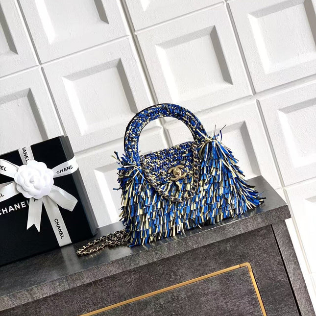 CHANEL 26S MINI TOP HANDLE BAG IN BLUE FRINGED TWEED