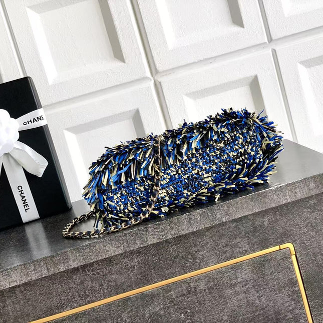 CHANEL 26S MINI TOP HANDLE BAG IN BLUE FRINGED TWEED