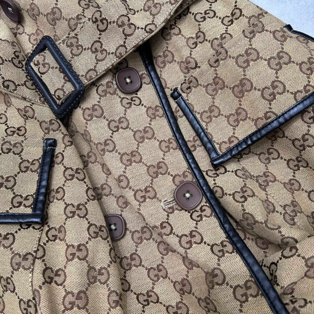 GG-JACQUARD COTTON-BLEND CANVAS TRENCH COAT WITH LEATHER TRIM