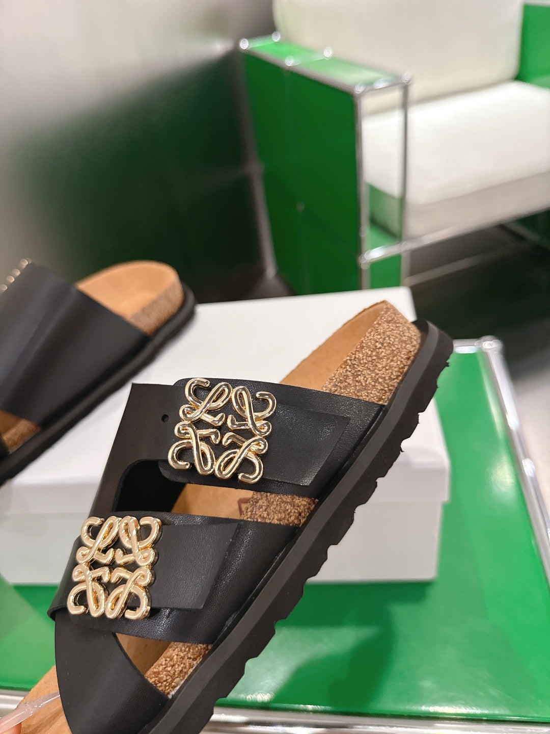 LOEWE 26S ANAGRAM FLAT SLIDES IN BLACK CALFSKIN