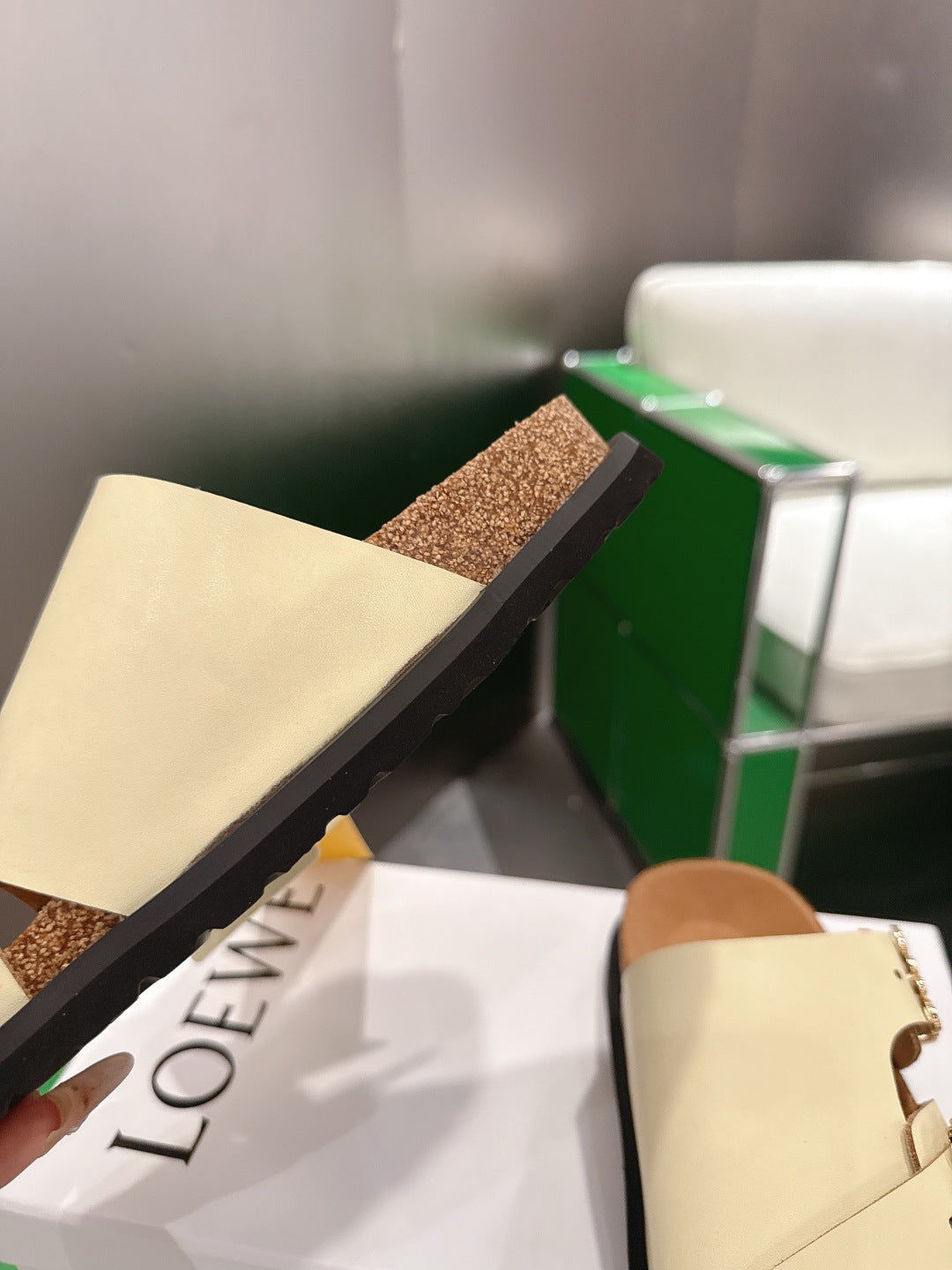 LOEWE 26S ANAGRAM FLAT SLIDES IN BEIGE CALFSKIN