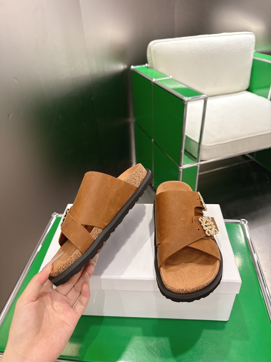 LOEWE 26S ANAGRAM FLAT SLIDES IN CARAMEL BROWN SUEDE