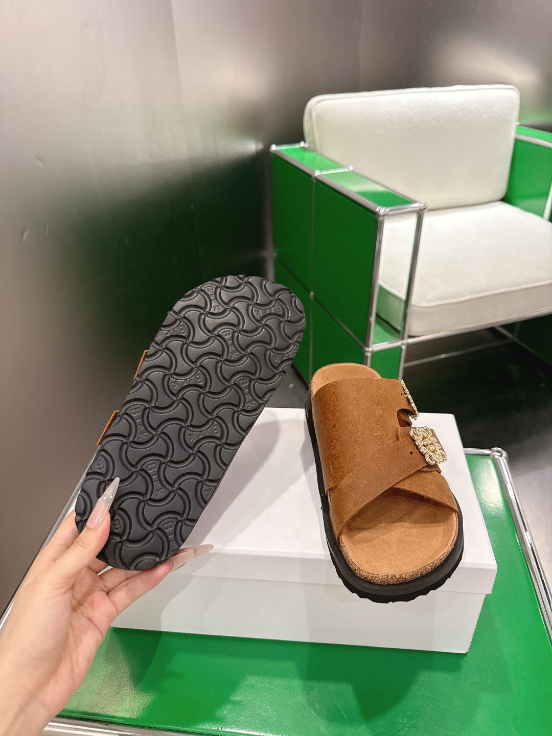LOEWE 26S ANAGRAM FLAT SLIDES IN CARAMEL BROWN SUEDE