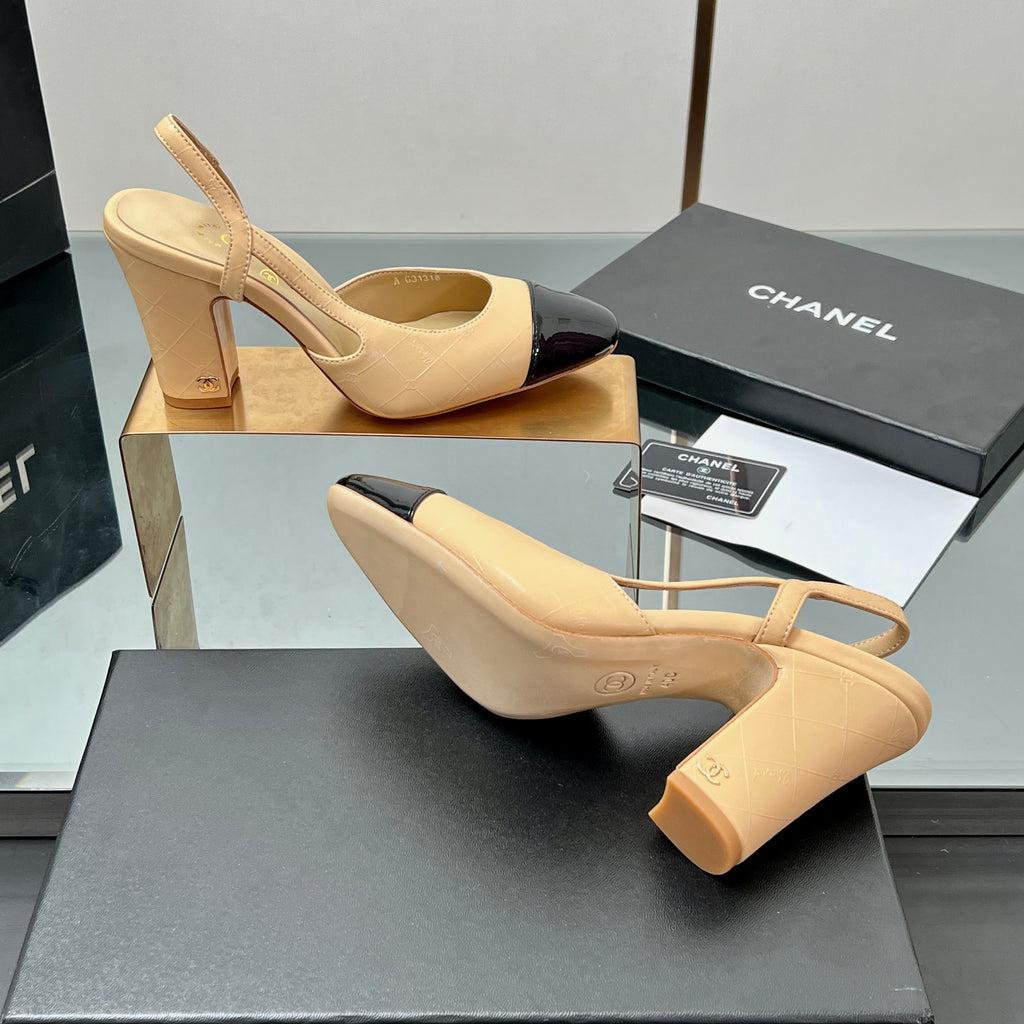 CC SLINGBACK 25S 90 MM IN BEIGE LAMBSKIN AND BLACK GLOSSY LEATHER WITH CHECK PATTERN