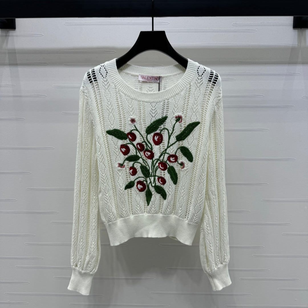 VALENTINO CREW NECK LONG-SLEEVE EMBROIDERED KNIT TOP 274957