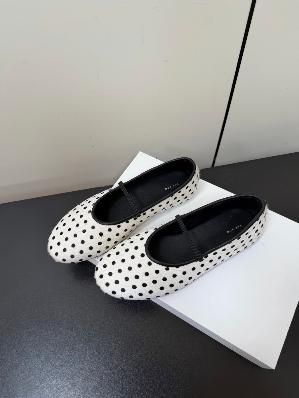 THE ROW 26S BALLET FLATS IN WHITE & BLACK MICRO POLKA DOT CALF HAIR CALFSKIN