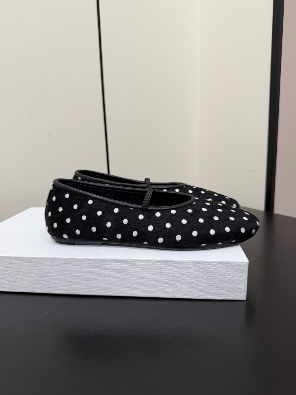 THE ROW 26S BALLET FLATS IN BLACK & WHITE MICRO POLKA DOT CALF HAIR CALFSKIN