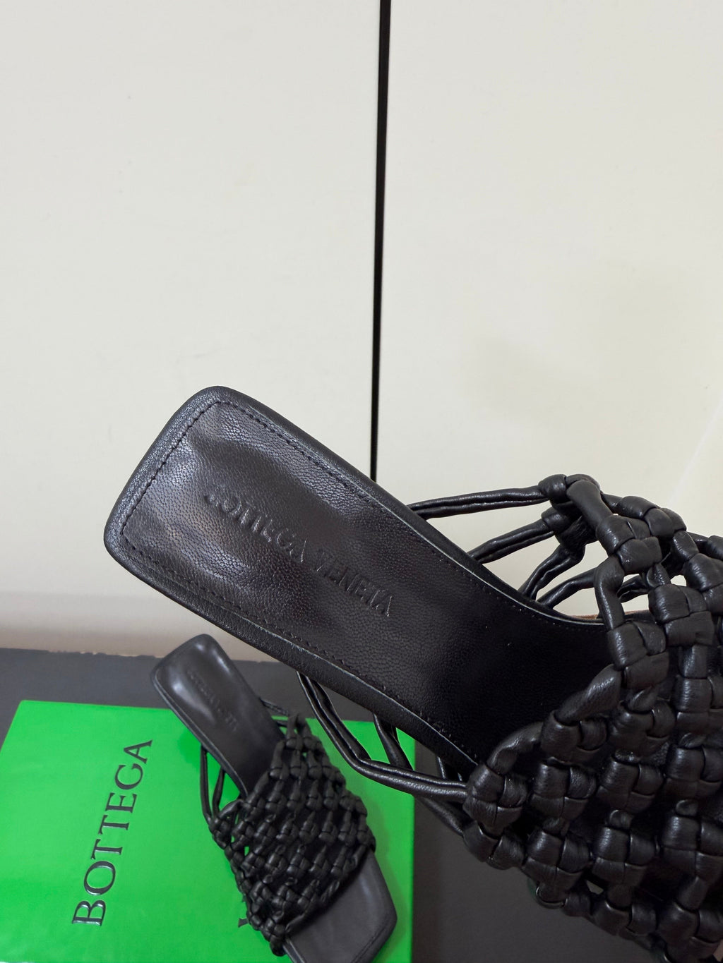 BOTTEGA VENETA 26S WOVEN STRAP HIGH-HEEL SANDALS 55 MM IN BLACK LAMBSKIN