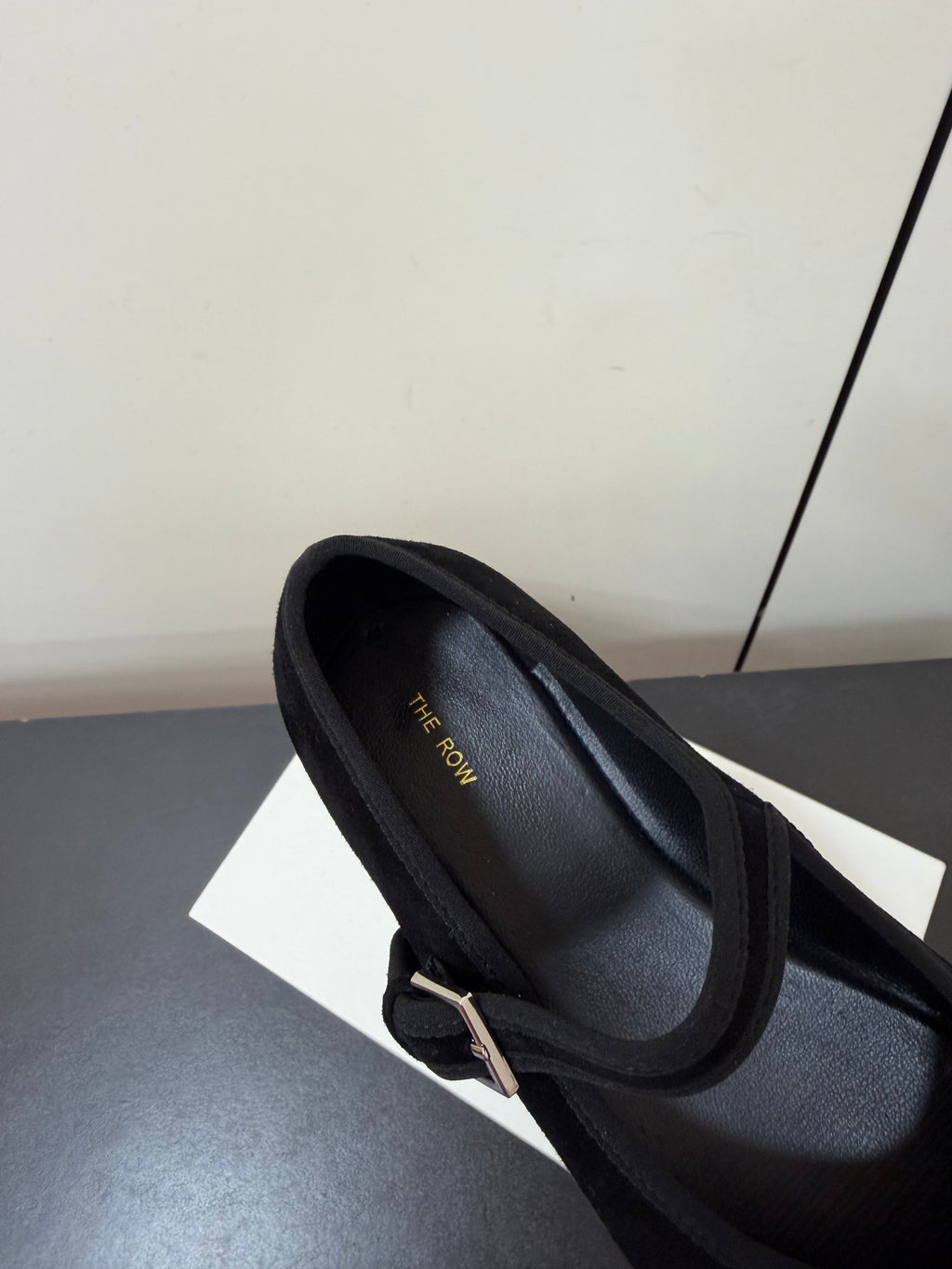 THE ROW 26S MARY JANE BALLET FLATS IN BLACK SUEDE WITH SILVER HARDWARE