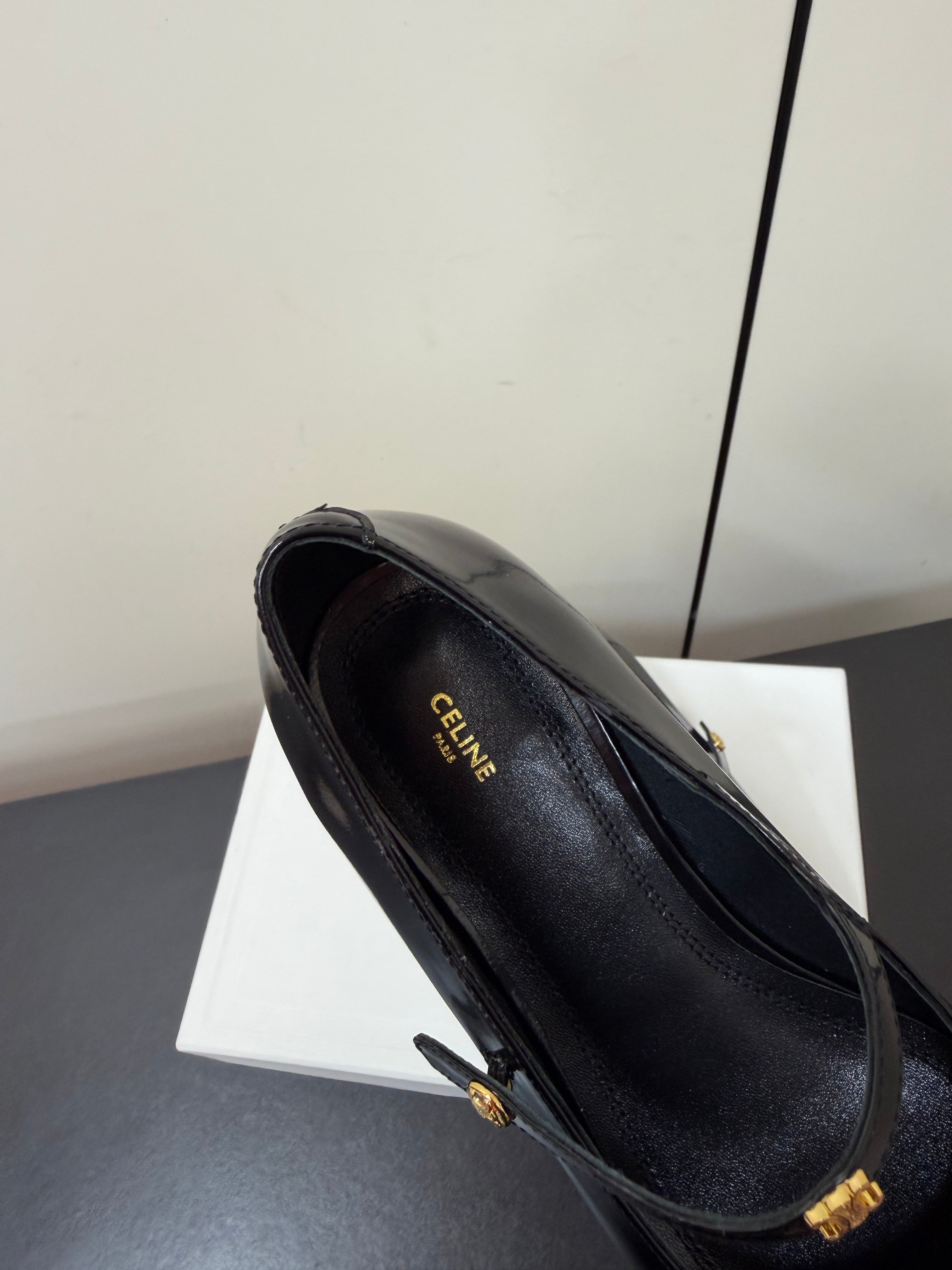 CELINE 26S MARY JANE FLATS IN BLACK GLOSSY CALFSKIN GOLD HARDWARE