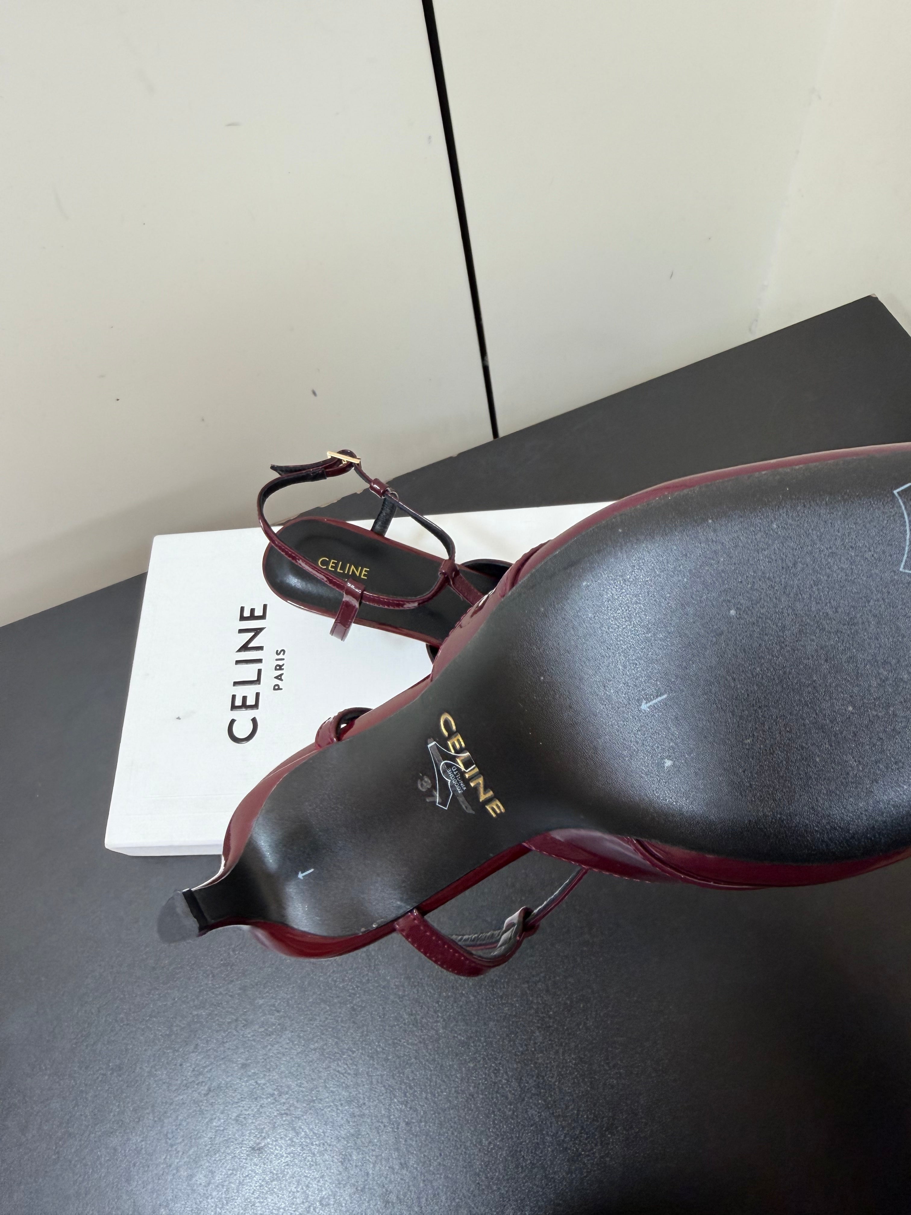 CELINE 26S TRIOMPHE T-STRAP SLINGBACK PUMPS IN BURGUNDY RED PATENT CALFSKIN