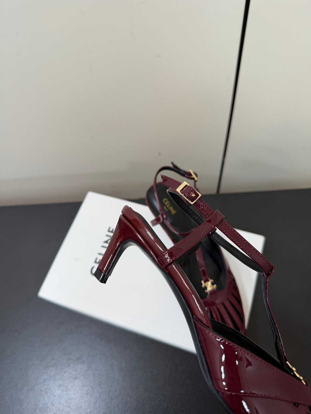 CELINE 26S TRIOMPHE T-STRAP SLINGBACK PUMPS IN BURGUNDY RED PATENT CALFSKIN