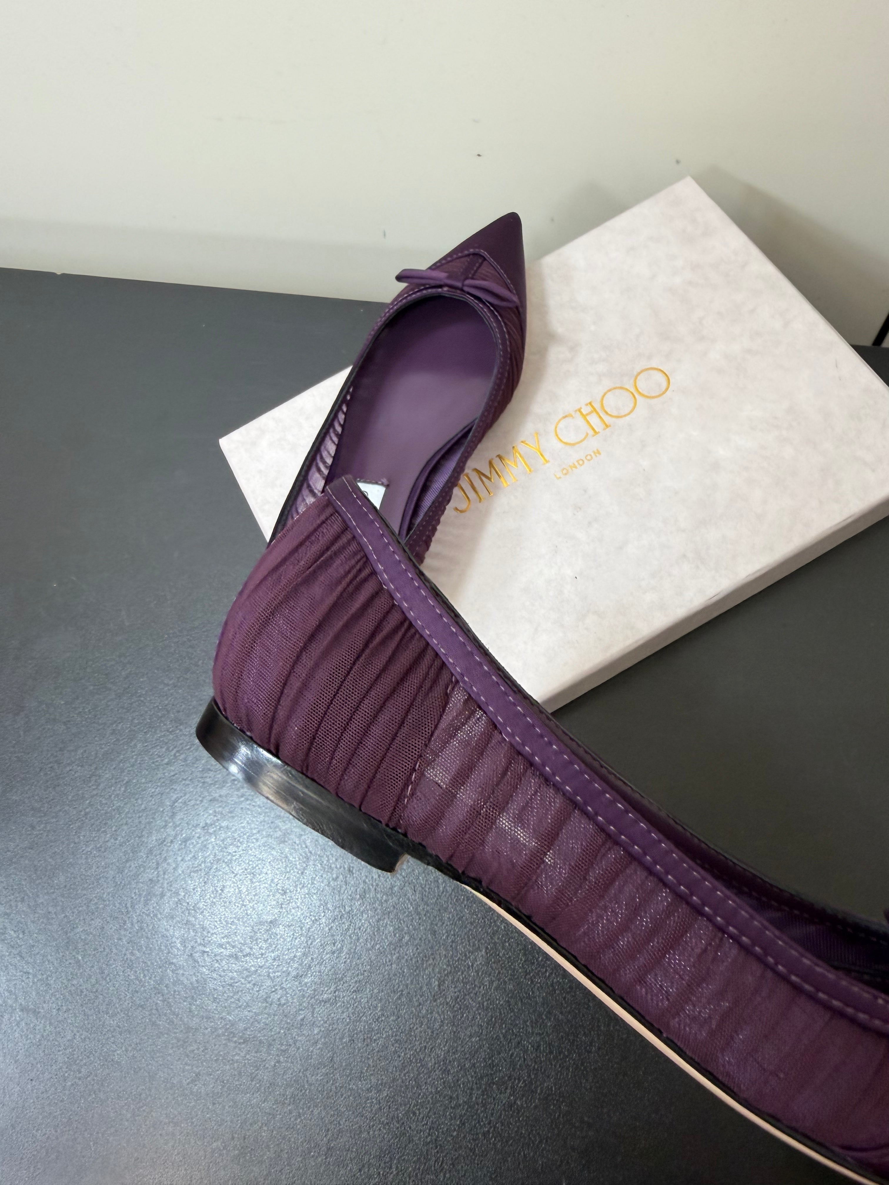 JIMMY CHOO 26S POINTED-TOE FLATS IN DARK PURPLE SATIN
