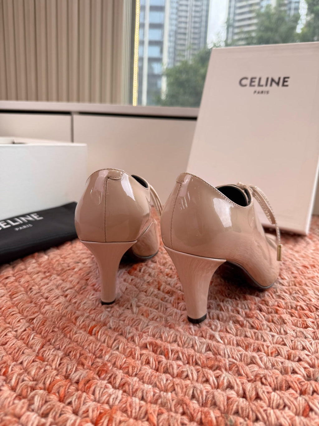 CELINE 26S LACE UP POINTED TOE PUMPS IN BLUSH NUDE PATENT CALFSKIN