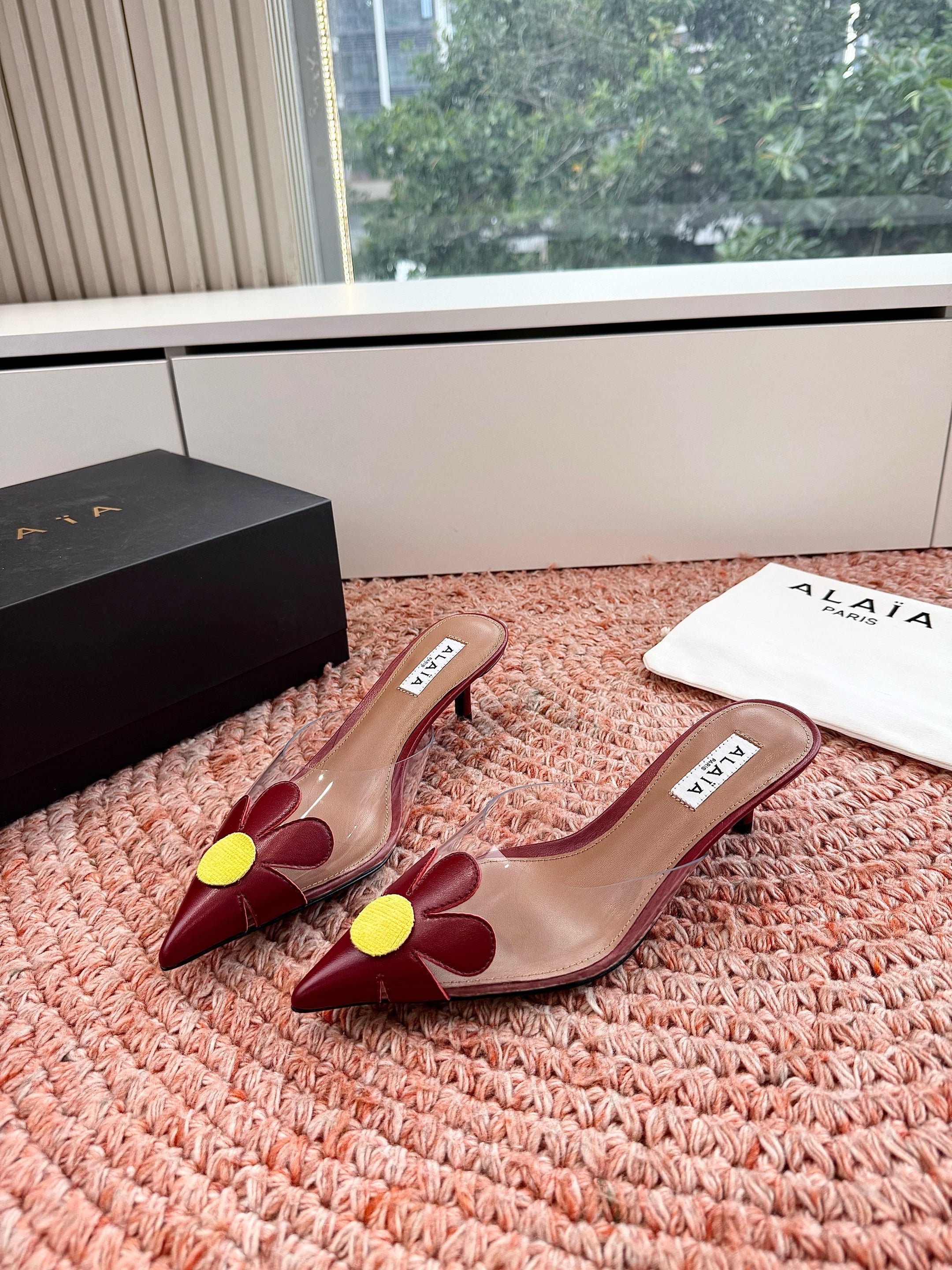 ALAIA 26S POINTED-TOE MULE HEELS IN DARK RED LAMBSKIN AND TRANSPARENT PVC