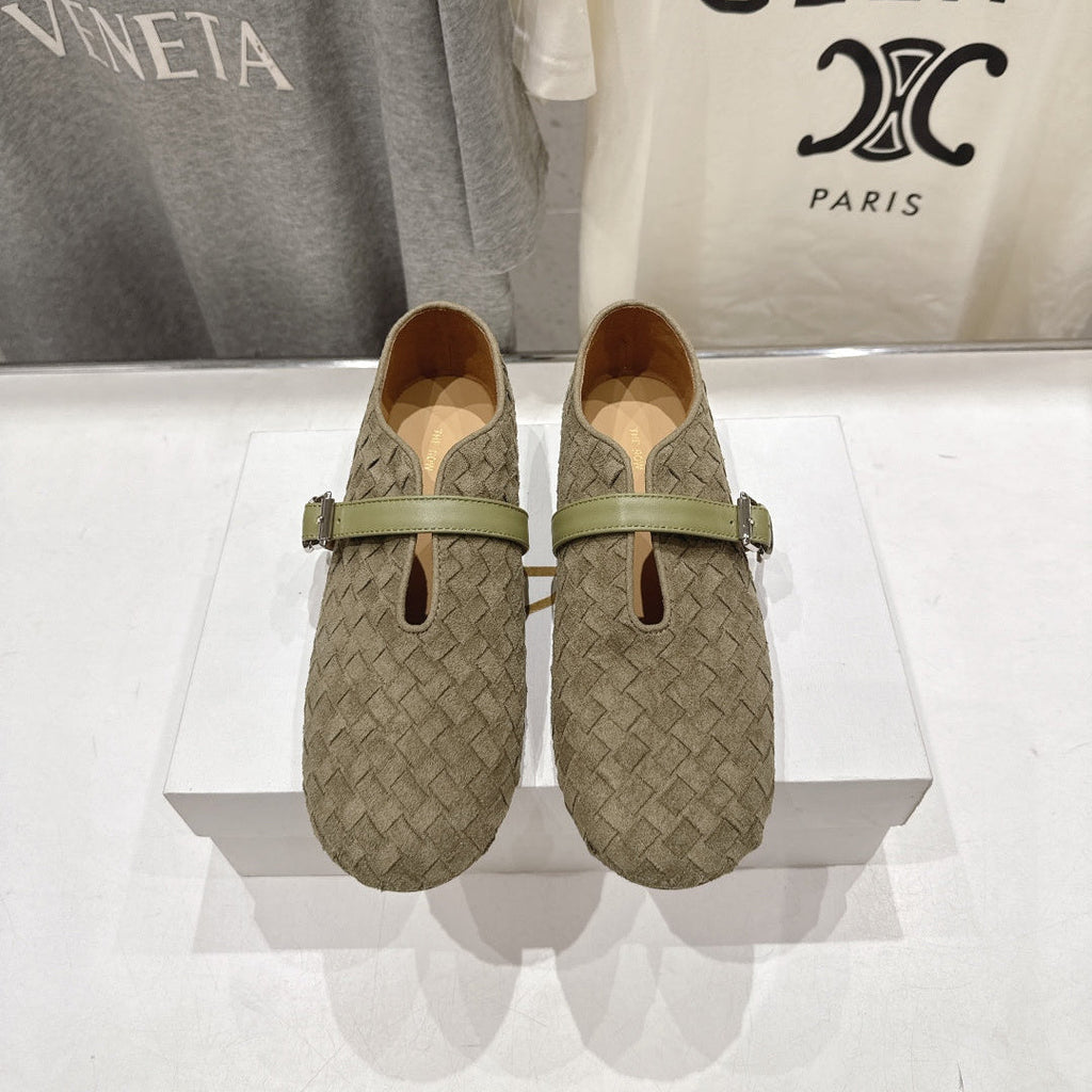 THE ROW 26S MARY JANE FLATS IN OLIVE BROWN SUEDE