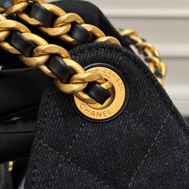 CHANEL 25S HOBO BAG 30 IN BLACK-GRAY DENIM WITH GOLD HARDWARE
