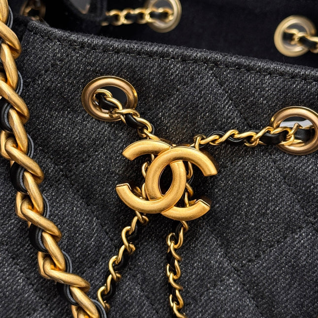 CHANEL 25S HOBO BAG 30 IN BLACK-GRAY DENIM WITH GOLD HARDWARE