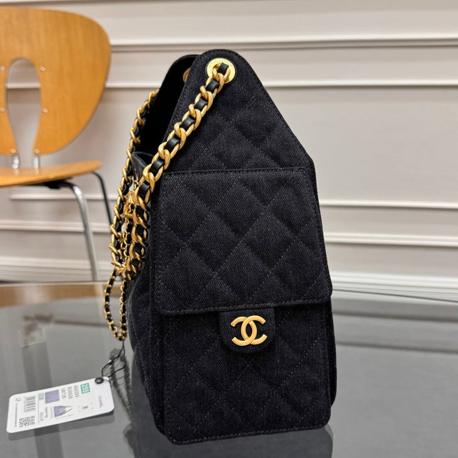 CHANEL 25S HOBO BAG 30 IN BLACK-GRAY DENIM WITH GOLD HARDWARE