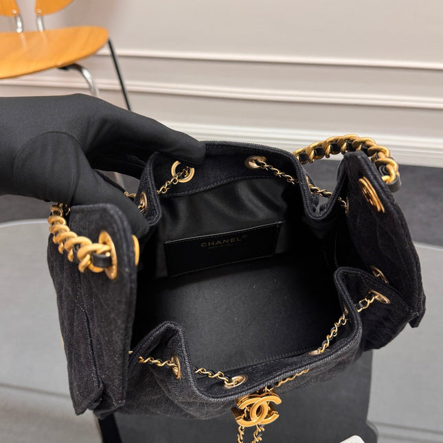 CHANEL 25S HOBO BAG 30 IN BLACK-GRAY DENIM WITH GOLD HARDWARE