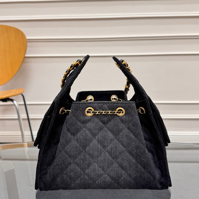 CHANEL 25S HOBO BAG 30 IN BLACK-GRAY DENIM WITH GOLD HARDWARE