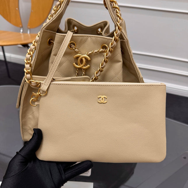 CHANEL 25S HOBO BAG 40 IN GOLDEN BEIGE CAVIAR WITH GOLD HARDWARE