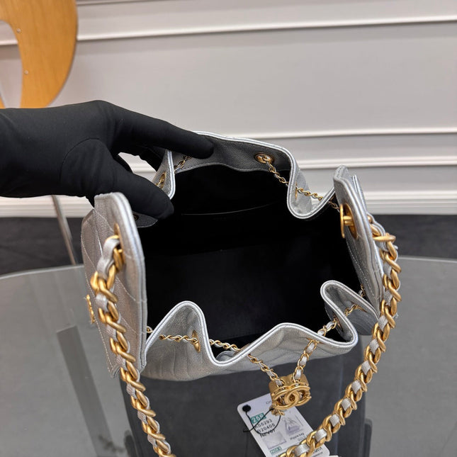 CHANEL 25S HOBO BAG 30 IN SILVER CAVIAR WITH GOLD HARDWARE