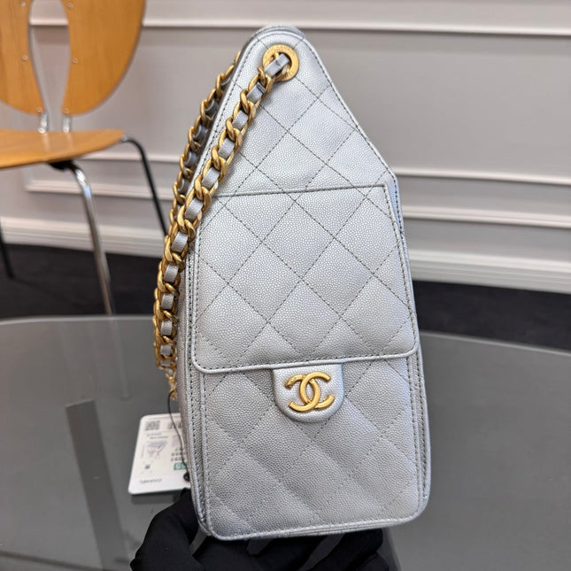 CHANEL 25S HOBO BAG 30 IN SILVER CAVIAR WITH GOLD HARDWARE