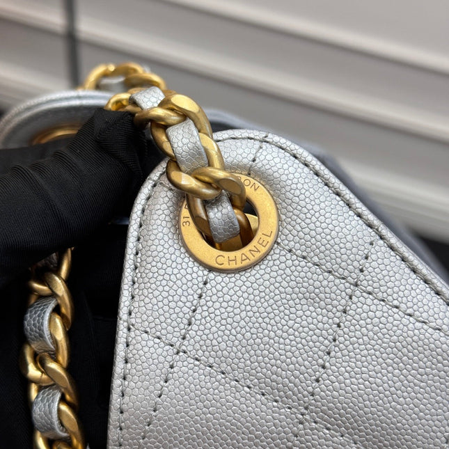 CHANEL 25S HOBO BAG 30 IN SILVER CAVIAR WITH GOLD HARDWARE