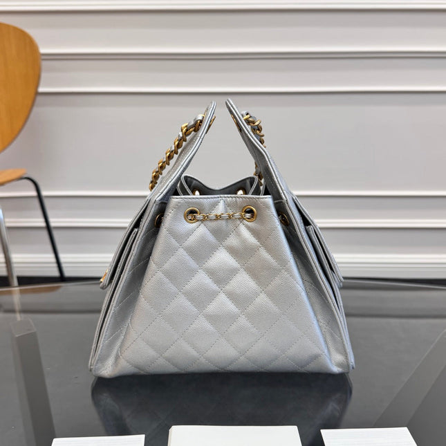 CHANEL 25S HOBO BAG 30 IN SILVER CAVIAR WITH GOLD HARDWARE