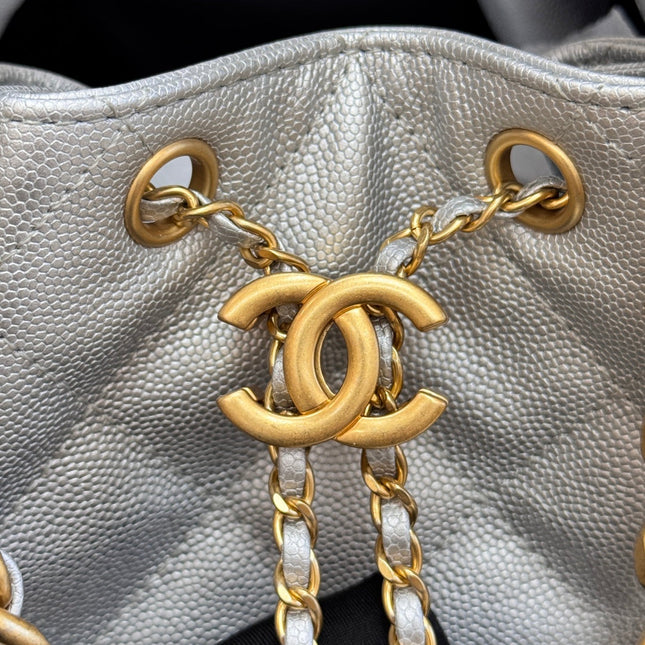 CHANEL 25S HOBO BAG 30 IN SILVER CAVIAR WITH GOLD HARDWARE