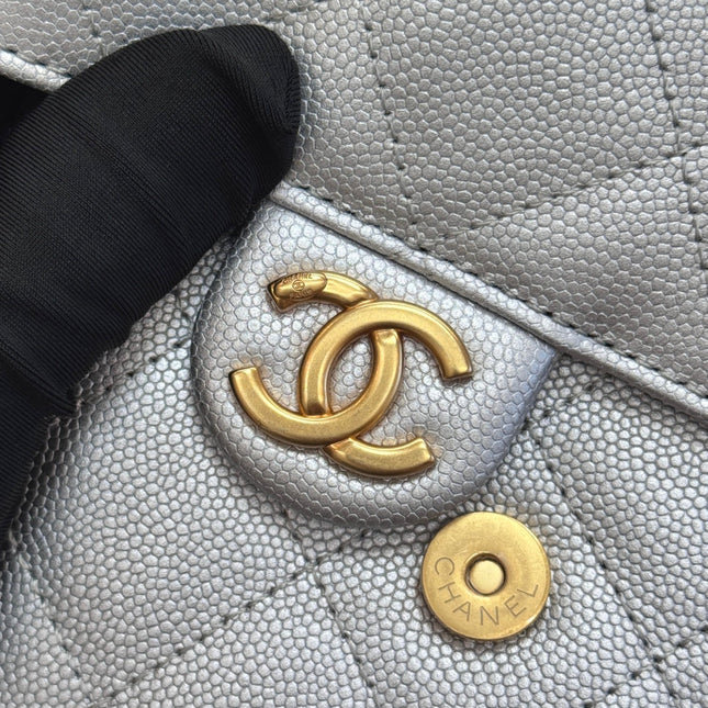 CHANEL 25S HOBO BAG 30 IN SILVER CAVIAR WITH GOLD HARDWARE