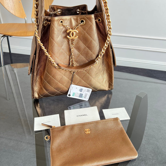 CHANEL 25S HOBO BAG 40 IN METALLIC BROWN CAVIAR WITH GOLD HARDWARE
