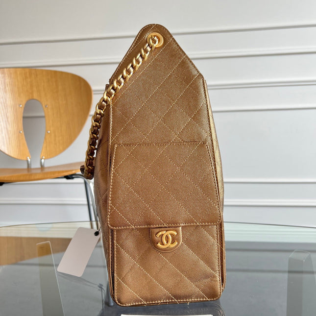 CHANEL 25S HOBO BAG 40 IN METALLIC BROWN CAVIAR WITH GOLD HARDWARE