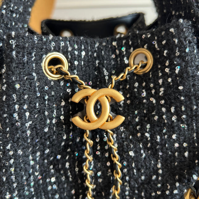 CHANEL 25S HOBO BAG 40 IN BLACK TWEED WITH GOLD HARDWARE