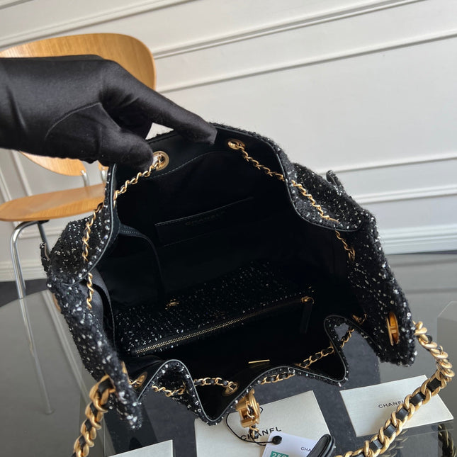 CHANEL 25S HOBO BAG 40 IN BLACK TWEED WITH GOLD HARDWARE