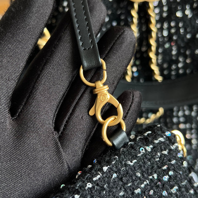 CHANEL 25S HOBO BAG 40 IN BLACK TWEED WITH GOLD HARDWARE