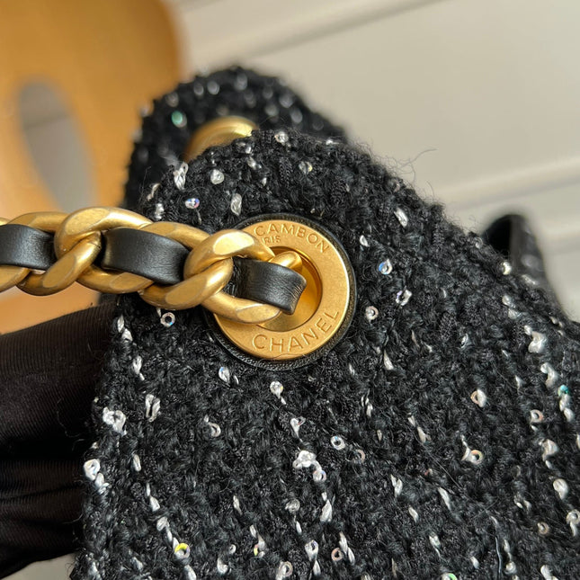 CHANEL 25S HOBO BAG 40 IN BLACK TWEED WITH GOLD HARDWARE