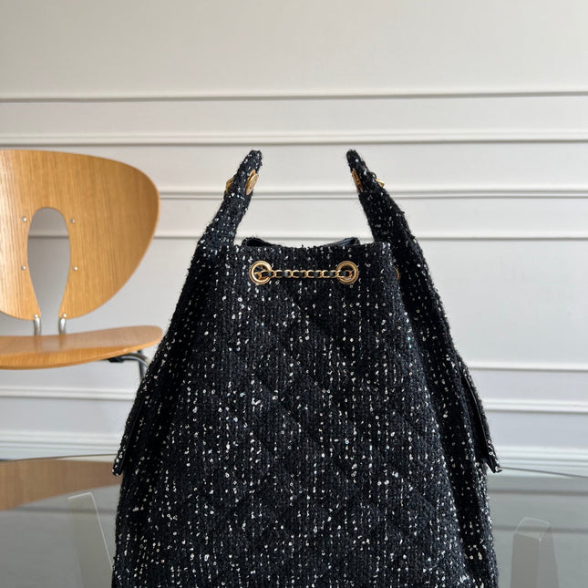 CHANEL 25S HOBO BAG 40 IN BLACK TWEED WITH GOLD HARDWARE
