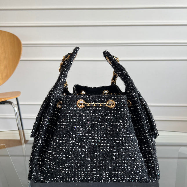 CHANEL 25S HOBO BAG 30 IN BLACK TWEED WITH GOLD HARDWARE