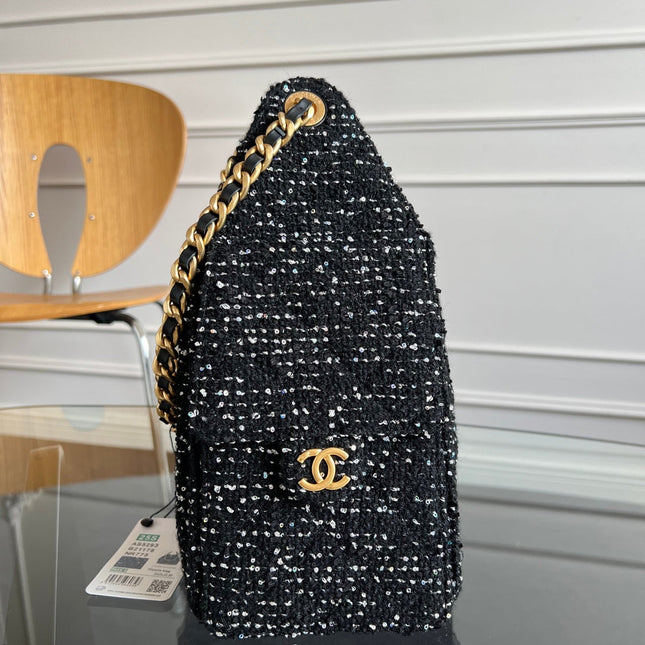 CHANEL 25S HOBO BAG 30 IN BLACK TWEED WITH GOLD HARDWARE