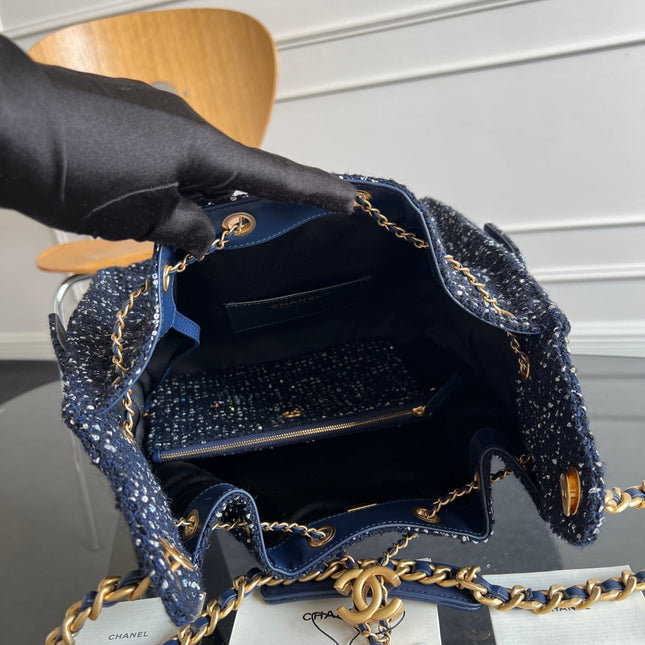 CHANEL 25S HOBO BAG 40 IN NAVY BLUE TWEED WITH GOLD HARDWARE