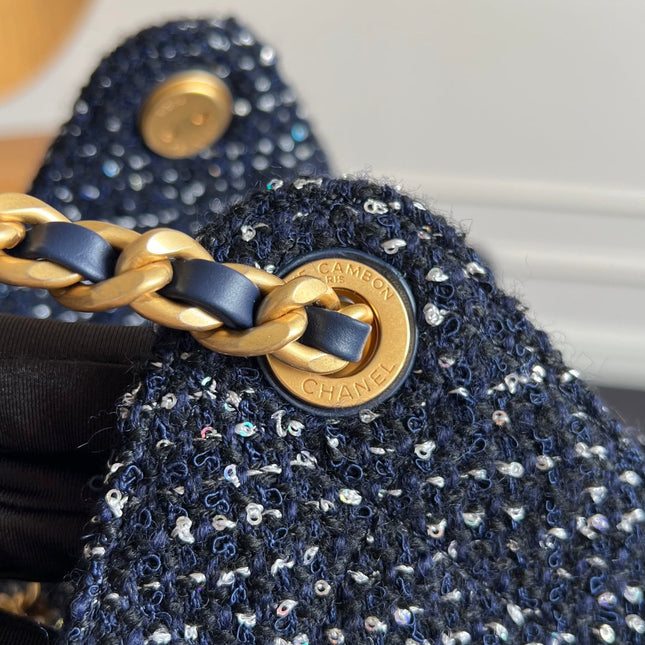 CHANEL 25S HOBO BAG 40 IN NAVY BLUE TWEED WITH GOLD HARDWARE