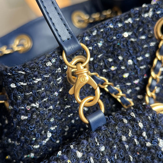 CHANEL 25S HOBO BAG 40 IN NAVY BLUE TWEED WITH GOLD HARDWARE
