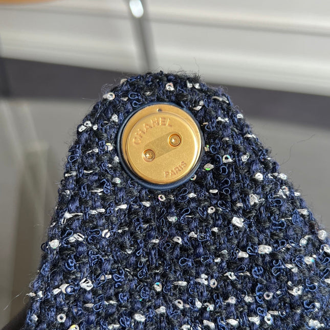 CHANEL 25S HOBO BAG 30 IN NAVY BLUE TWEED WITH GOLD HARDWARE