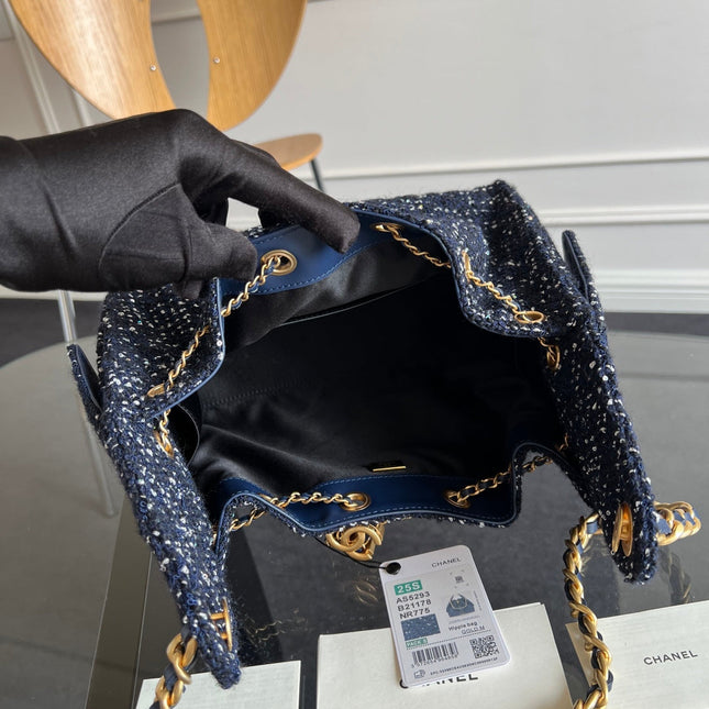 CHANEL 25S HOBO BAG 30 IN NAVY BLUE TWEED WITH GOLD HARDWARE