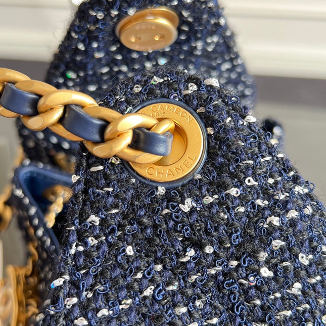 CHANEL 25S HOBO BAG 30 IN NAVY BLUE TWEED WITH GOLD HARDWARE