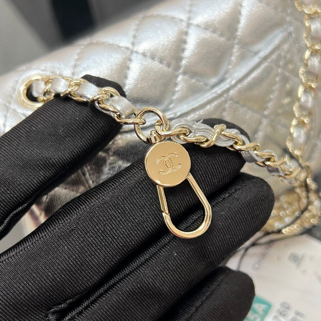 CHANEL 25S FLAP CHARM BAG 13 IN SILVER METALLIC LAMBSKIN